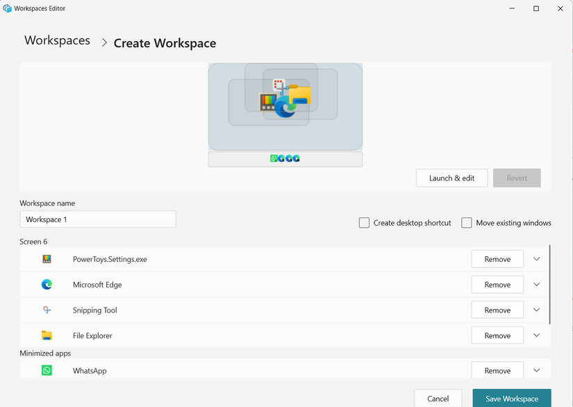 پنجره ویرایشگر Powertoys Workspaces