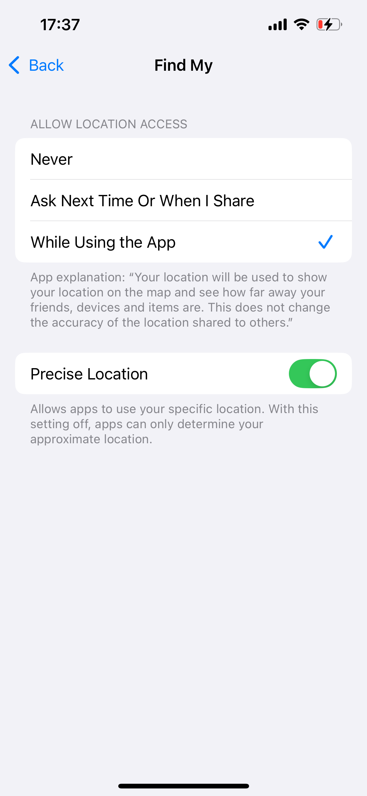 موقعیت مکانی دقیق برای یافتن من در iOS فعال شده است