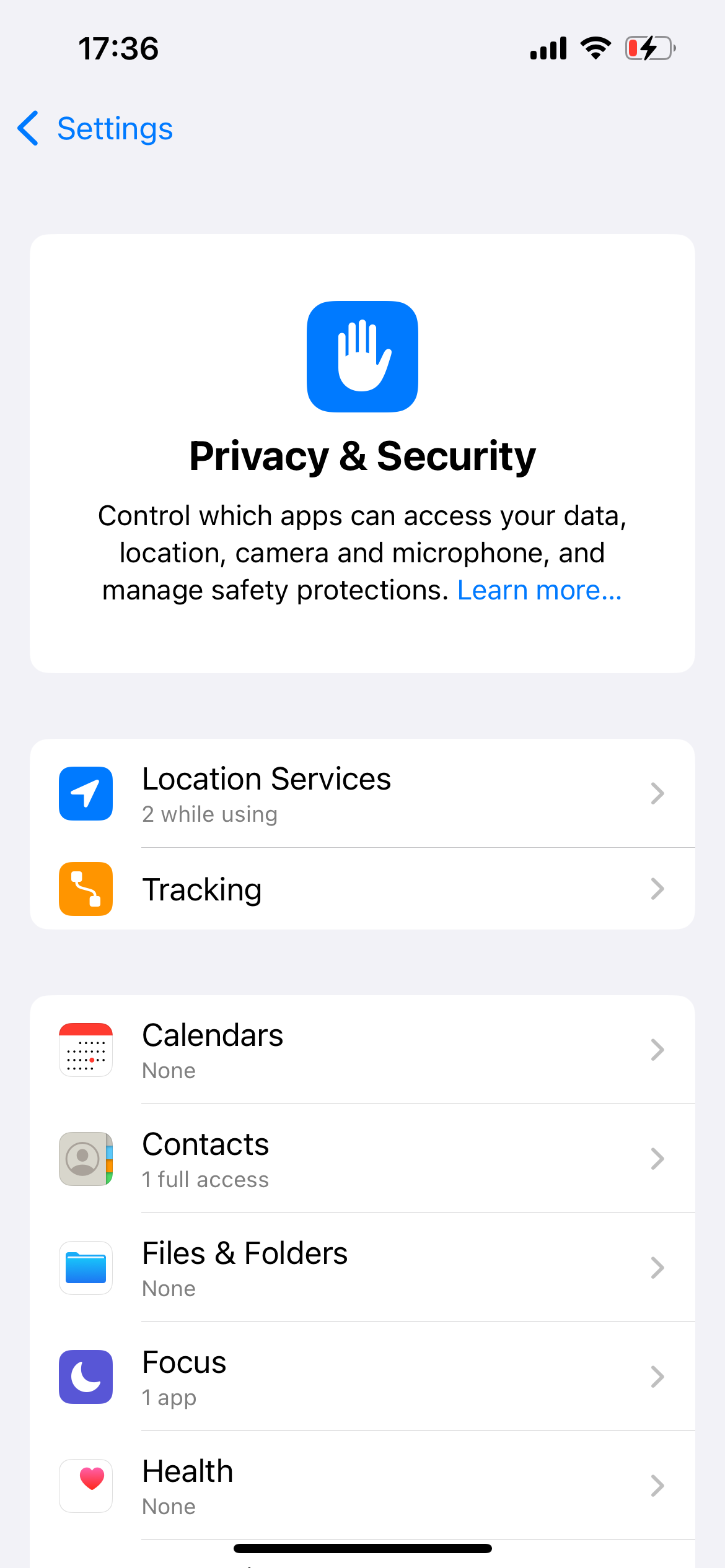 صفحه حریم خصوصی و امنیت در iOS