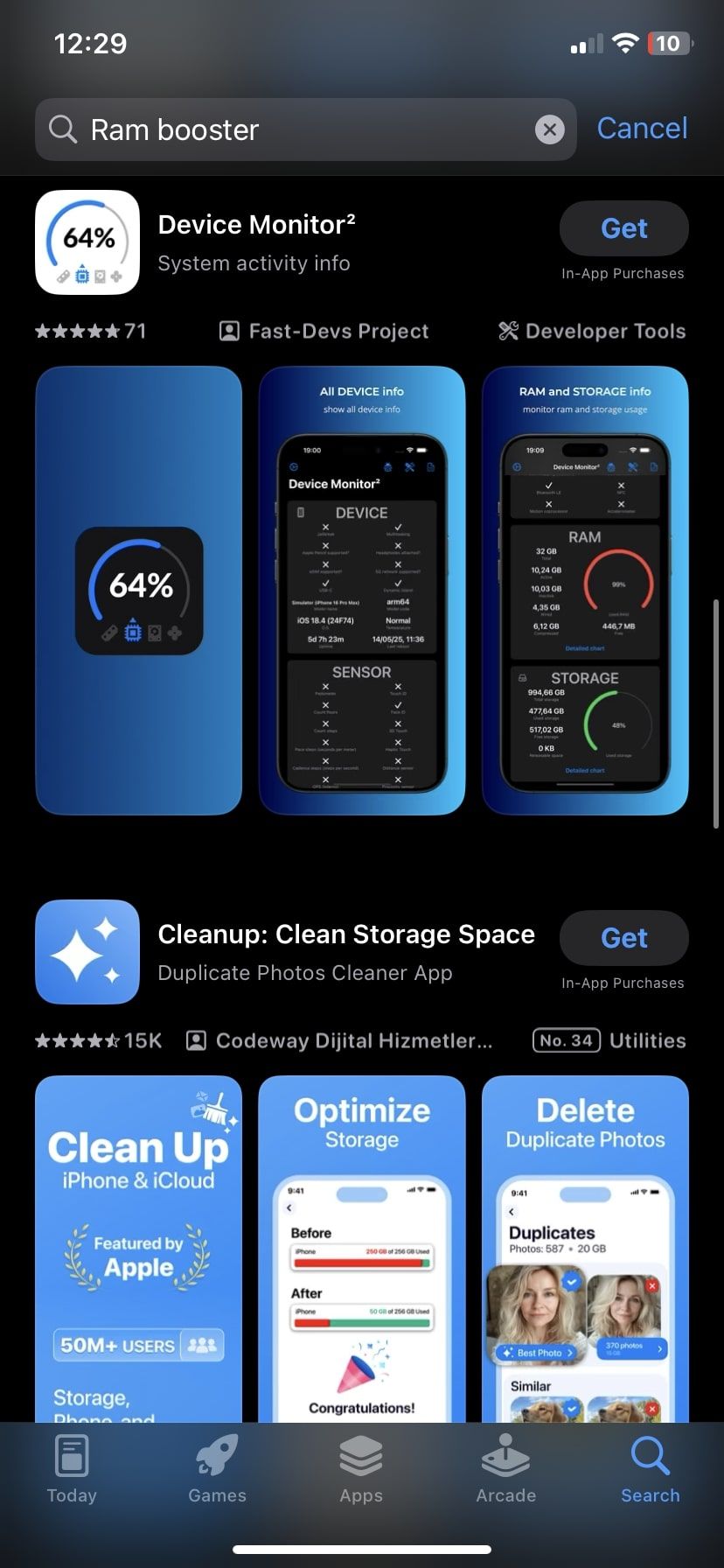 نتایج برنامه تقویت کننده RAM در AppStore