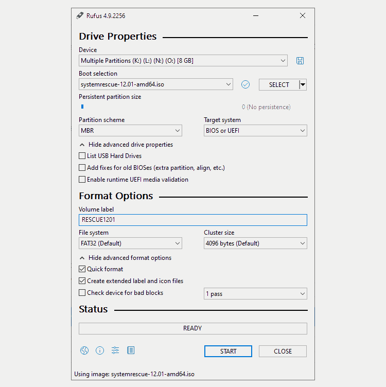 RUFUS ISO به ابزار USB با SystemRescue