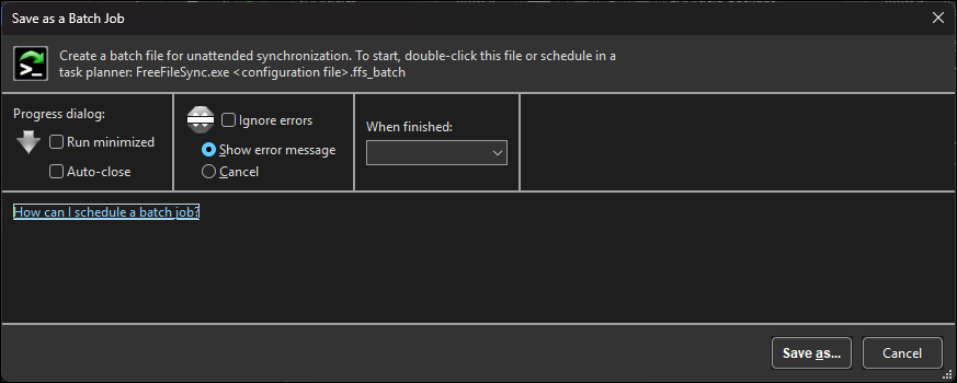 صرفه جویی در یک کار دسته ای Freefilesync