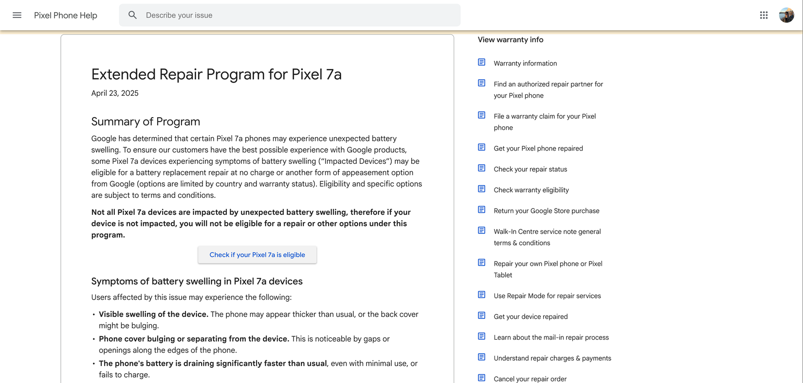 وب سایت برنامه تعمیر گسترده Google Pixel 7A
