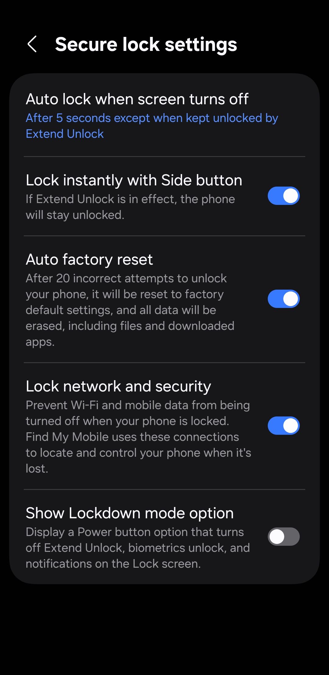 منوی تنظیمات قفل ایمن در تلفن Android