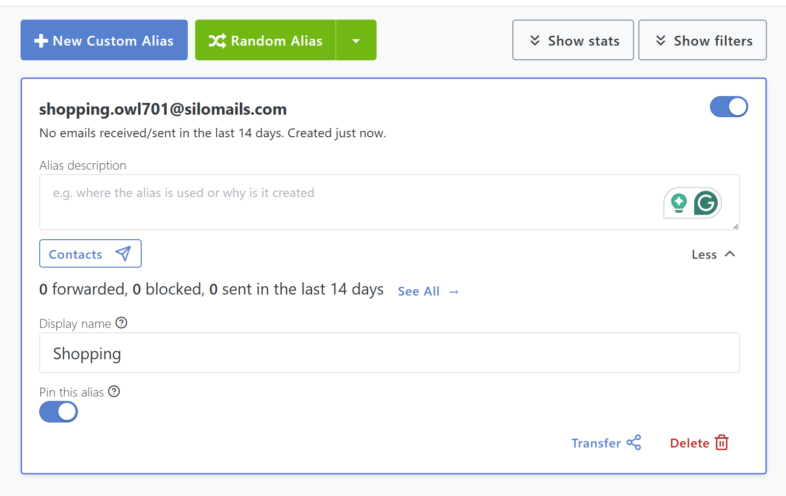 داشبورد SimpleLogin alias برای خرید نام مستعار.