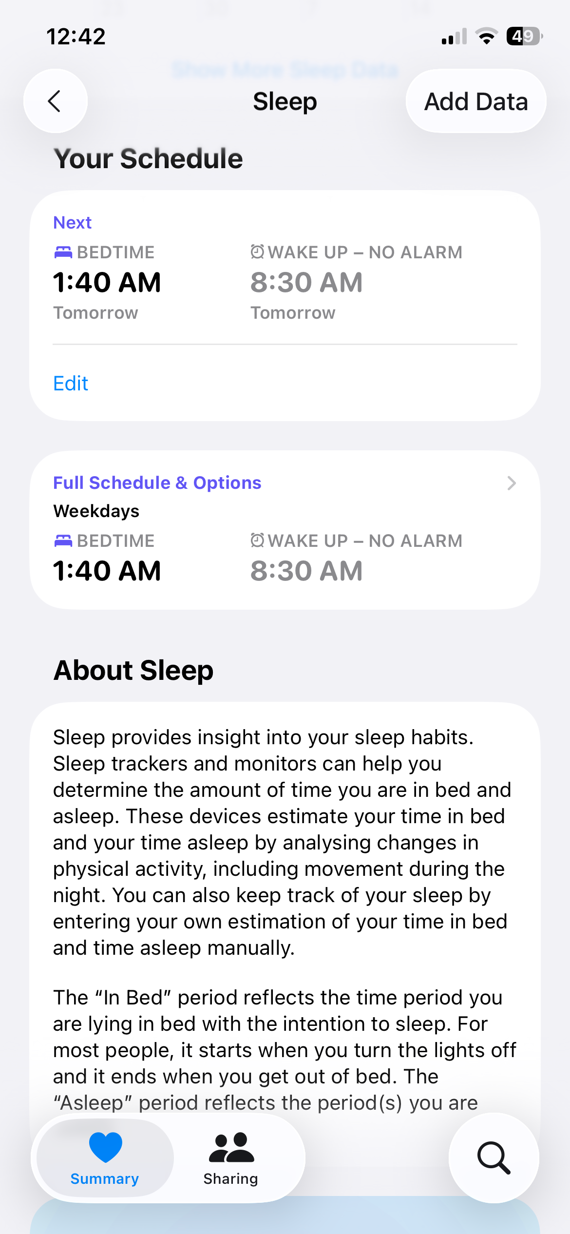 برگه خواب در برنامه Apple Health در آیفون