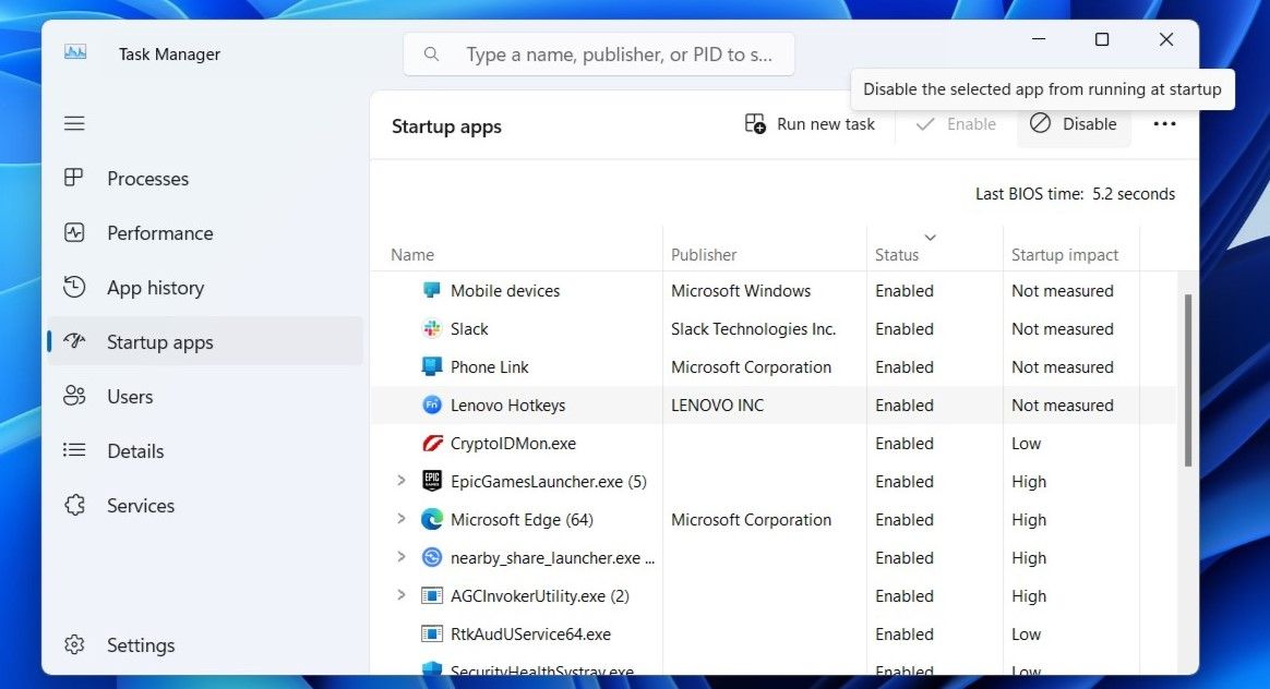 برگه برنامه های راه اندازی در Windows 11 Task Manager