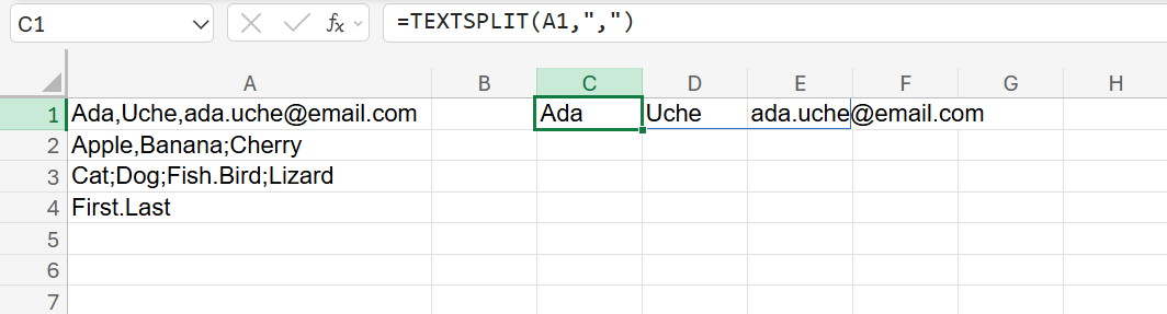 عملکرد Textsplit در اکسل