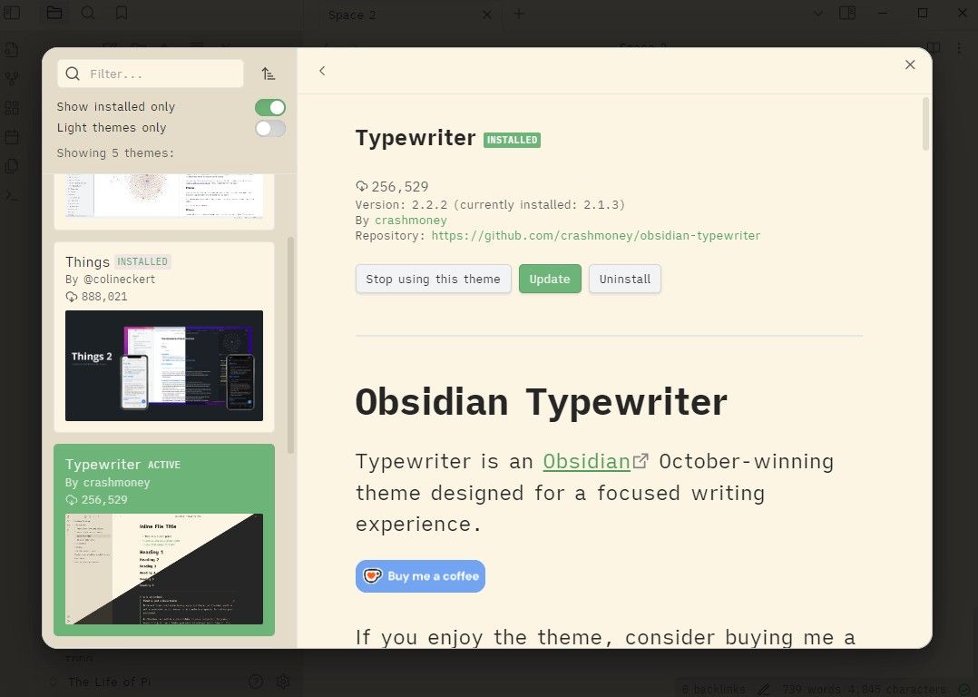 موضوع ماشین تحریر در Obsidian