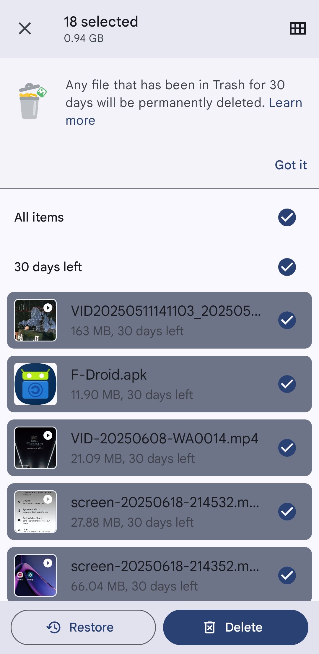 پوشه زباله در برنامه Google Files با تمام پرونده های انتخاب شده