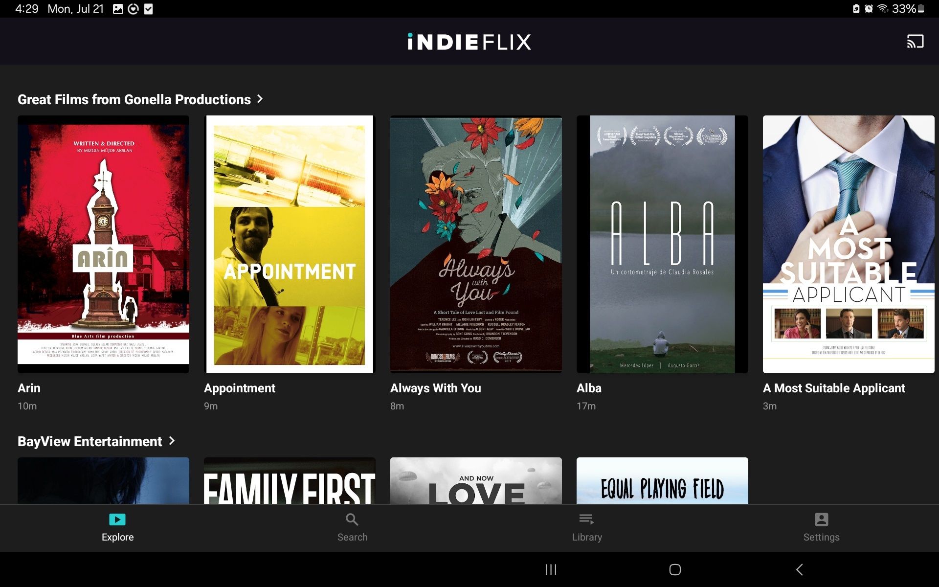 دو ردیف فیلم برای پخش با indieflix در دسترس است