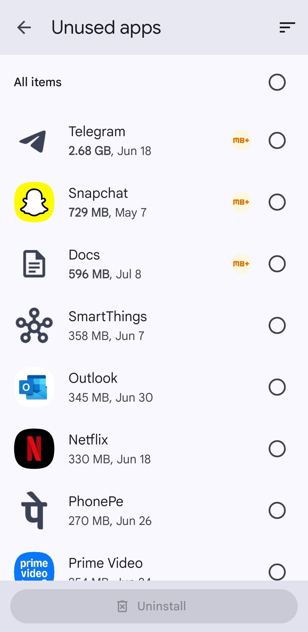 برنامه های استفاده نشده در برنامه Google Files