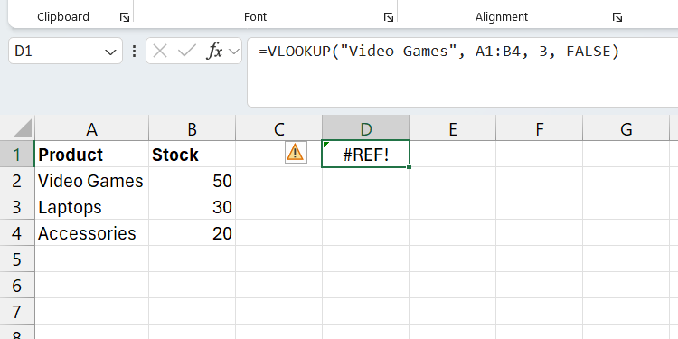 یک خطای مرجع Vlookup در اکسل.