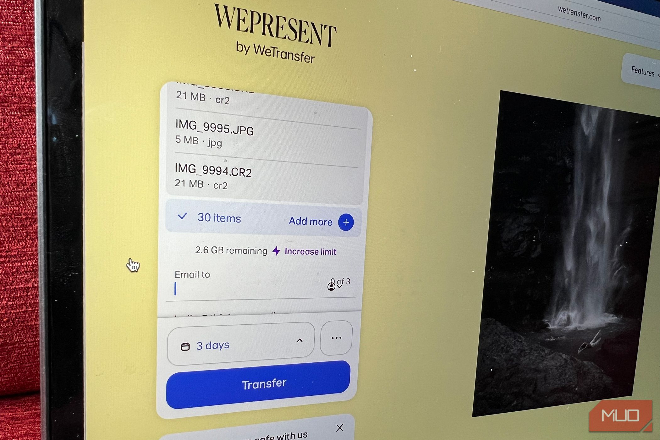محدودیت اندازه wetransfer در پنجره انتقال
