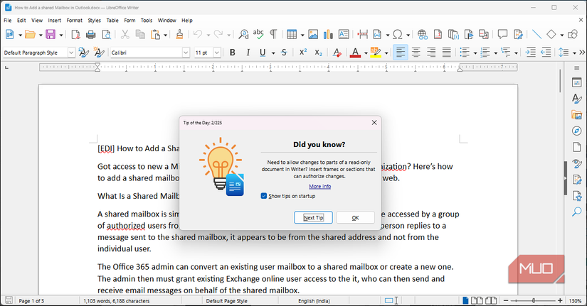 سند Word در LibreOffice باز است