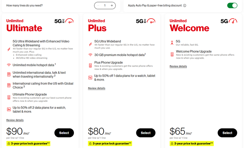 صفحه قیمت گذاری بی سیم Verizon