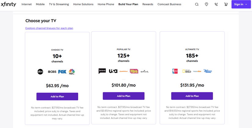 صفحه قیمت گذاری تلویزیون Xfinity