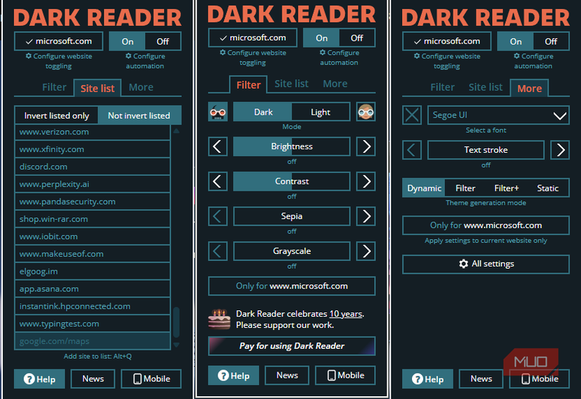 گزینه های سایت Dark Reader