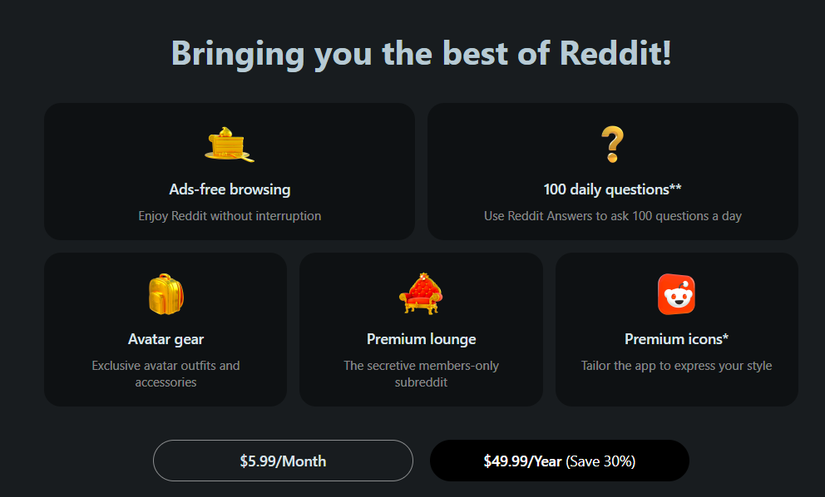صفحه قیمت گذاری Reddit Premium