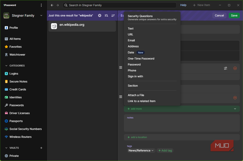گزینه های جدید قسمت داده های جدید 08 1Password