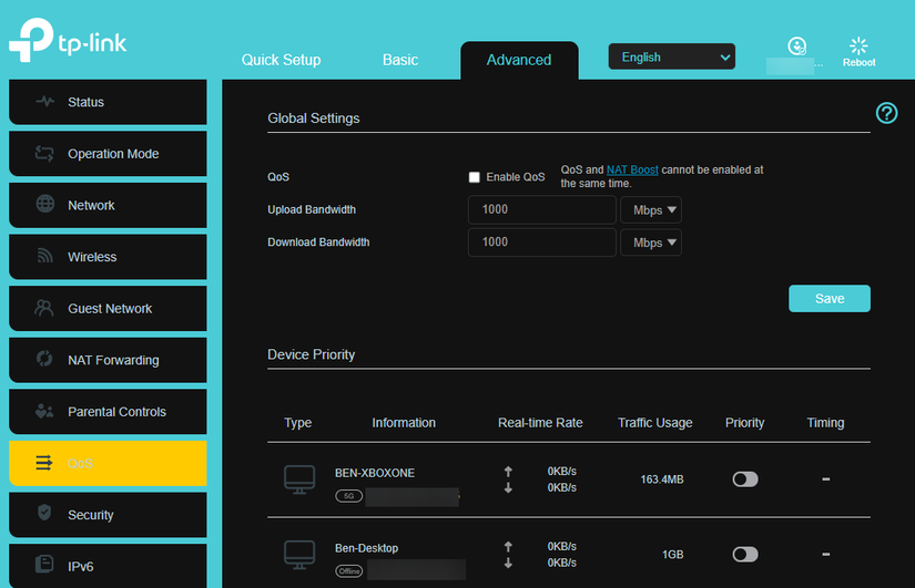 تنظیم تنظیمات QoS در تنظیمات روتر TP-Link.