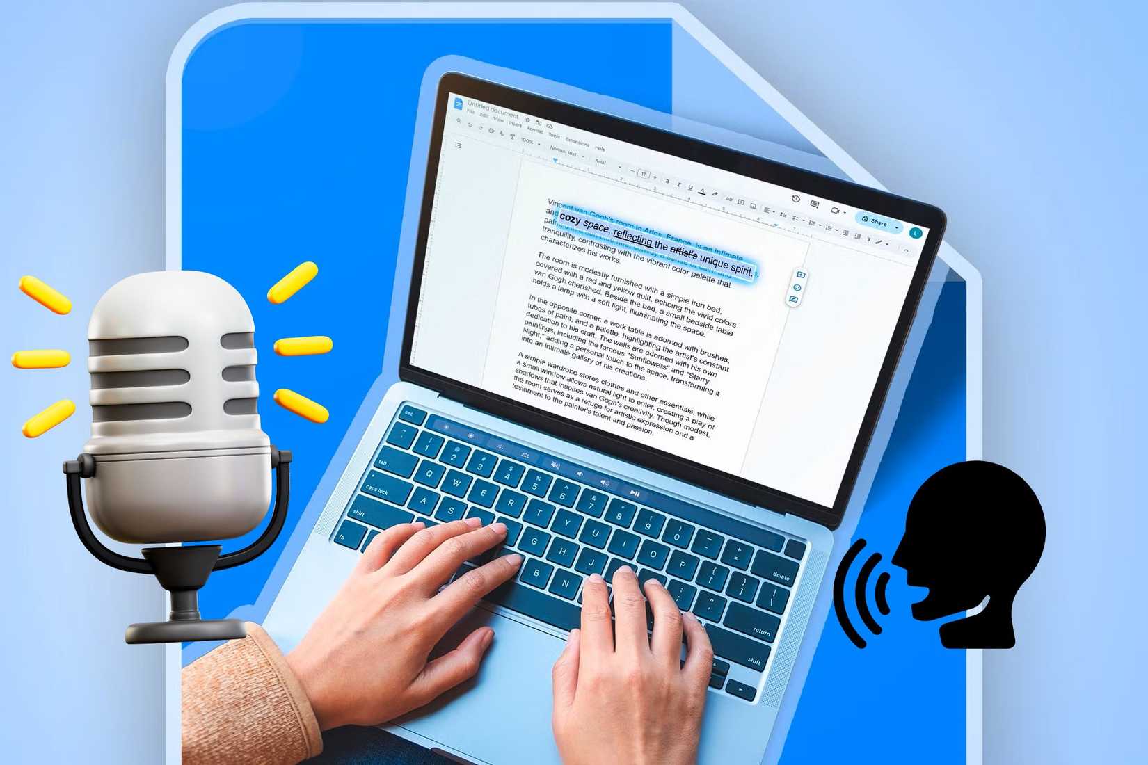 شخصی که از لپ تاپ با Google Docs با آیکون های میکروفون و صدا استفاده می کند