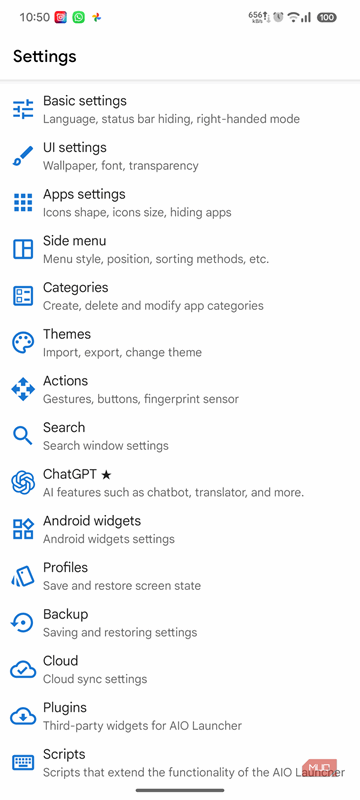 صفحه تنظیمات پرتاب AIO با گزینه های سفارشی سازی چندگانه.
