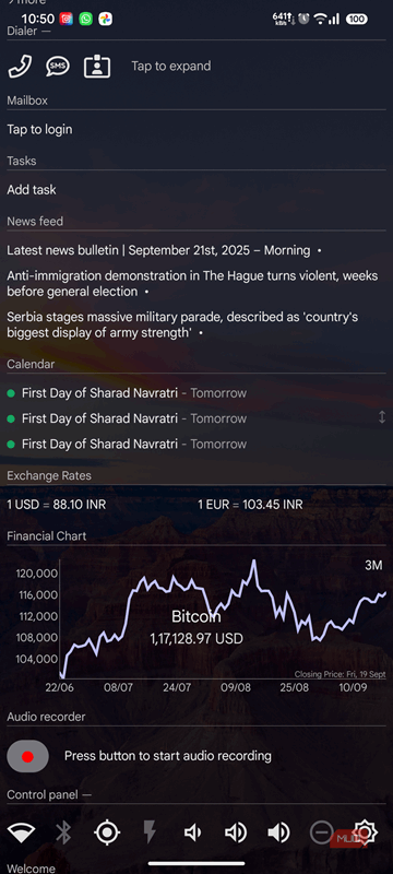 صفحه اصلی AIO Launcher با چندین ابزارک.