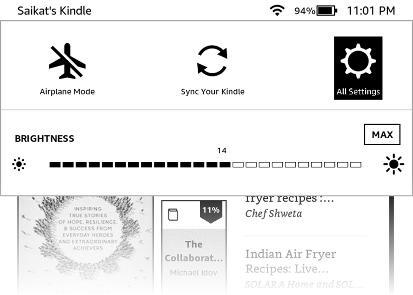 حالت هواپیما در یک Paperwhite Kindle.