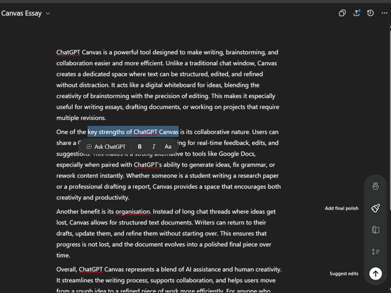 مقاله ای در ویژگی بوم Chatgpt با دکمه پیشنهادی ویرایش در پایین سمت راست.