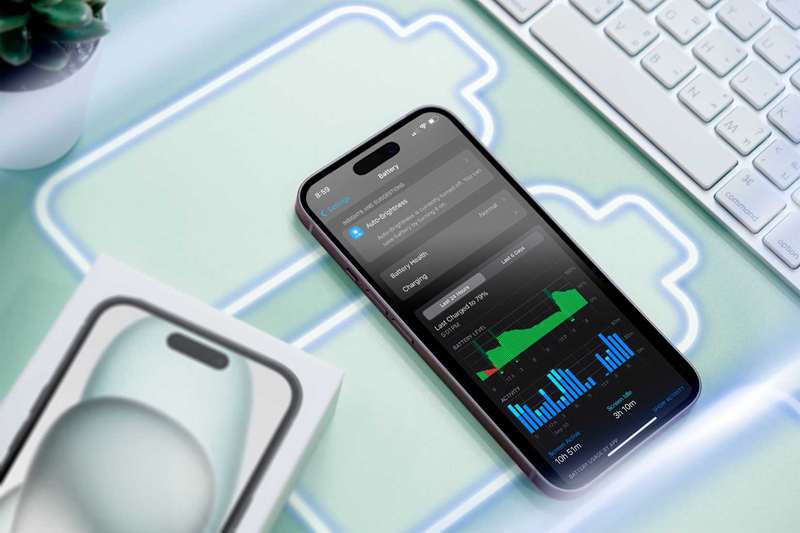 آیفون روی یک سطح با برخی از نمادهای باتری و صفحه نمایش که میزان استفاده از باتری را نشان می دهد.