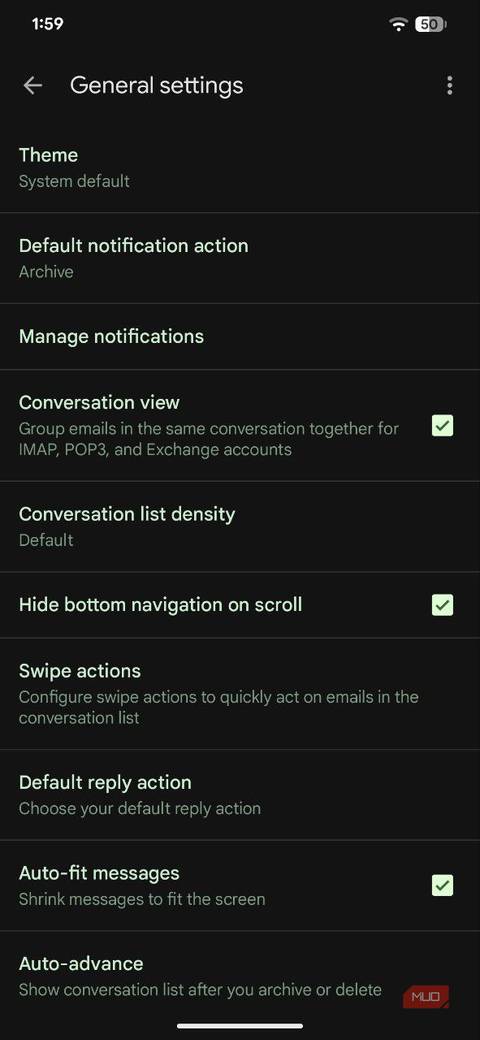 صفحه تنظیمات عمومی Android 16 Gmail