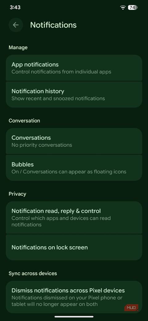تنظیمات اعلان Android 16