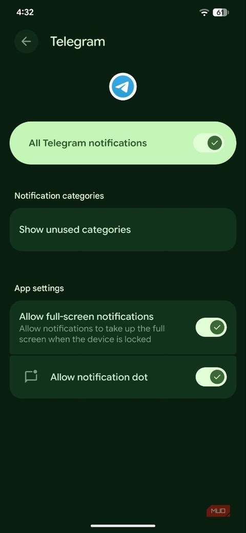 تنظیمات اعلان برنامه Android 16 Telegram