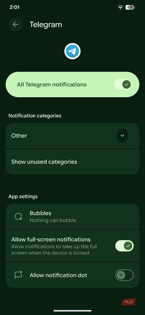 تنظیم اعلان های تلگرام Android 16 با اجازه اعلان نقطه ضعف خاموش