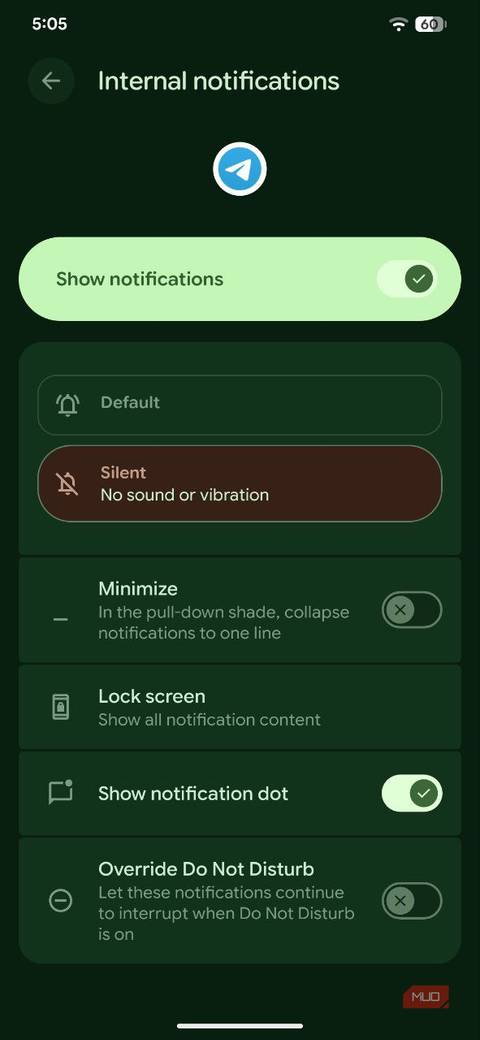 دکمه اعلان های خاموش Android 16 Telegram