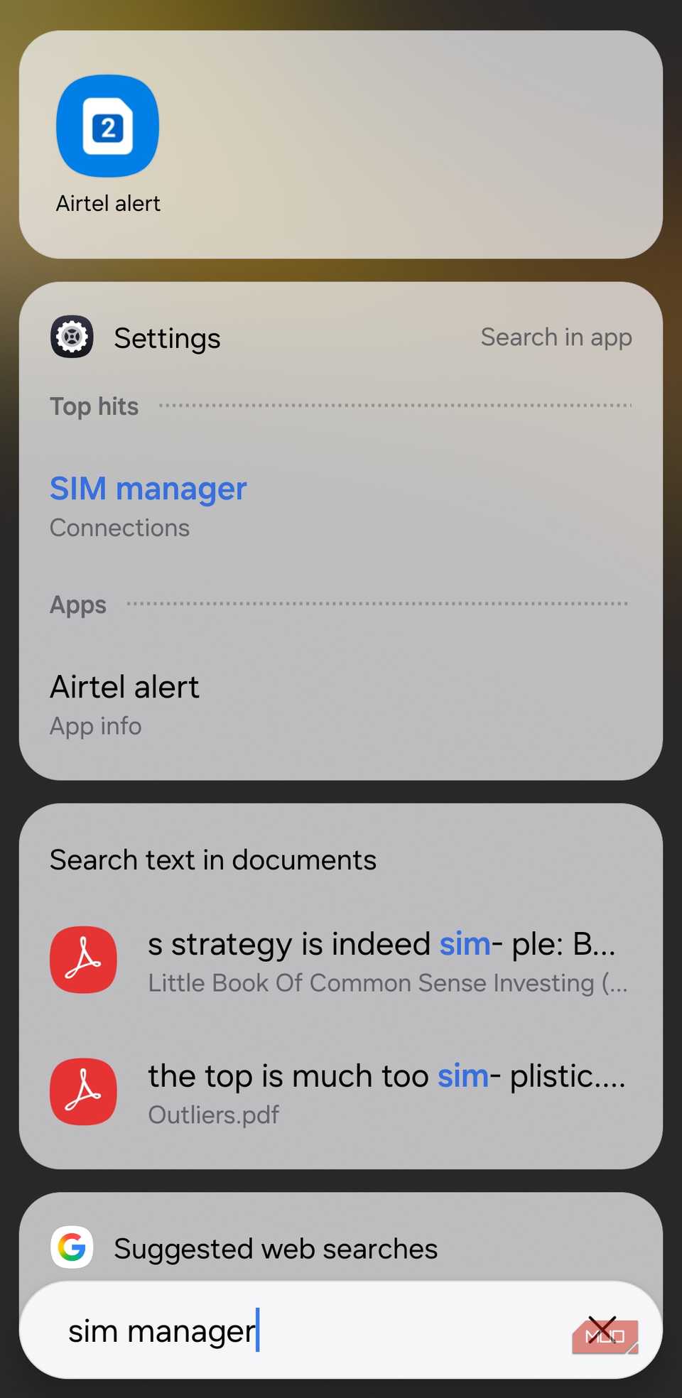 کشو برنامه برای Sim Manager نتایج را نشان می دهد