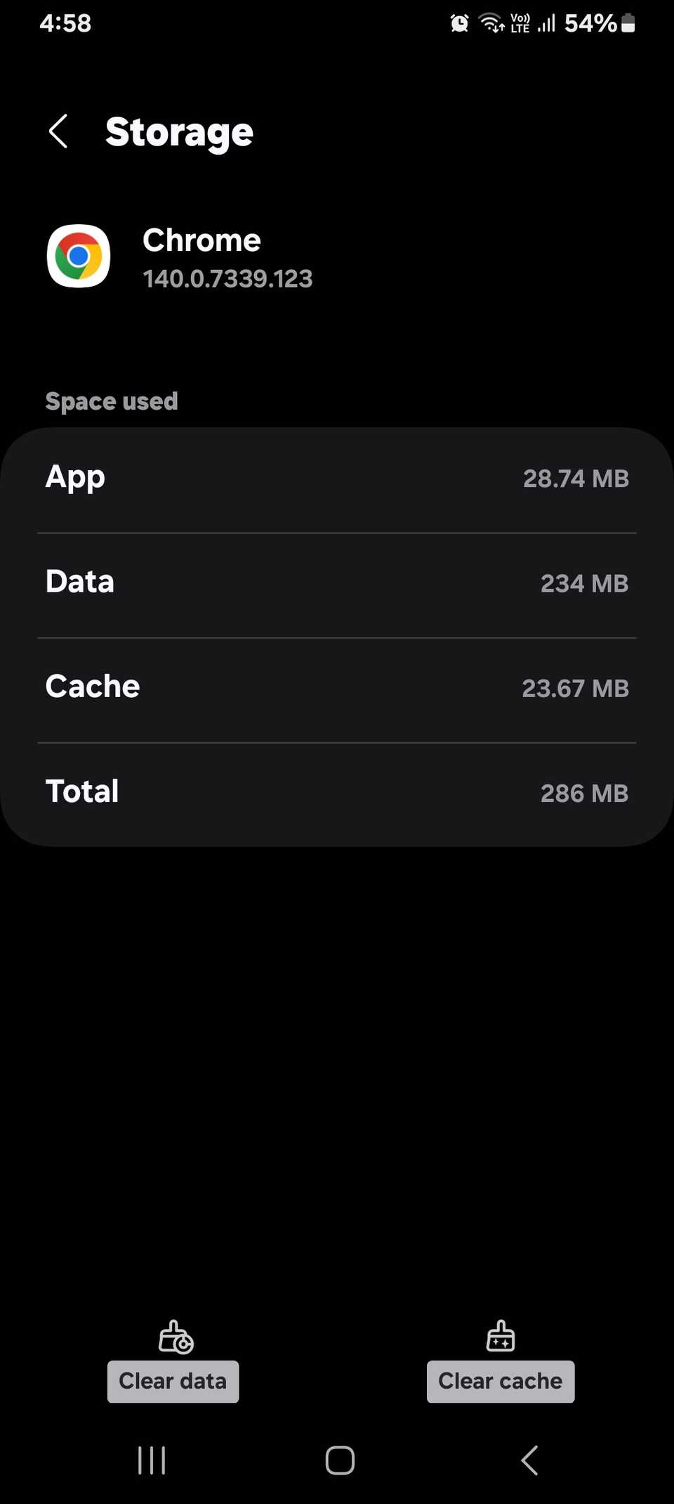 صفحه ذخیره سازی برنامه برای Chrome که داده های برنامه و اندازه حافظه نهان را با گزینه های واضح نشان می دهد