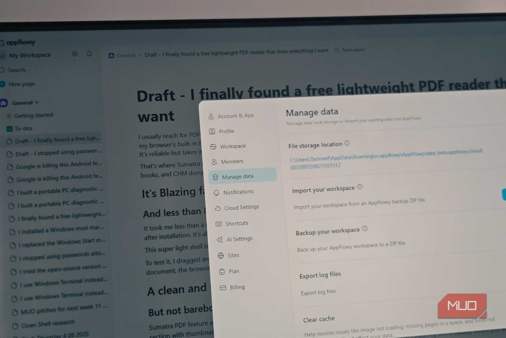 تنظیمات پایگاه داده AppFlowy