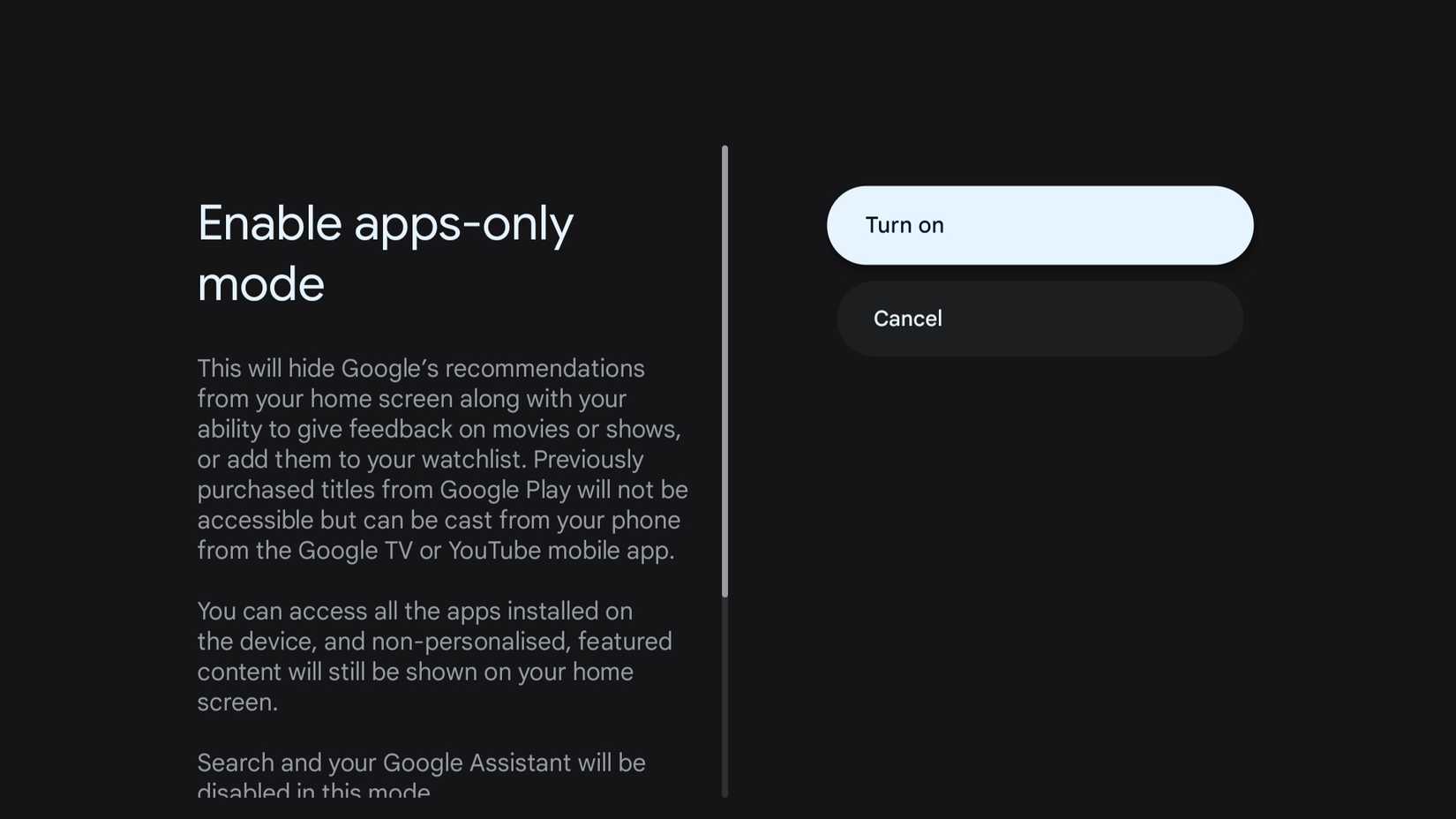 فقط منوی حالت برنامه در Google TV