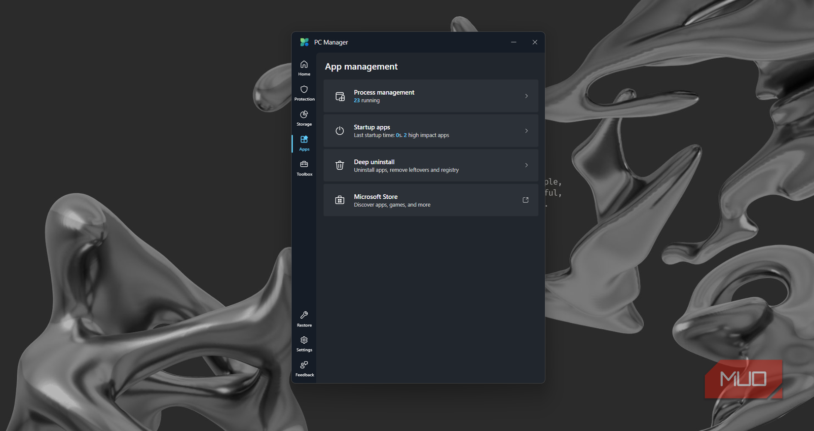 برگه برنامه ها در برنامه Microsoft PC Manager.