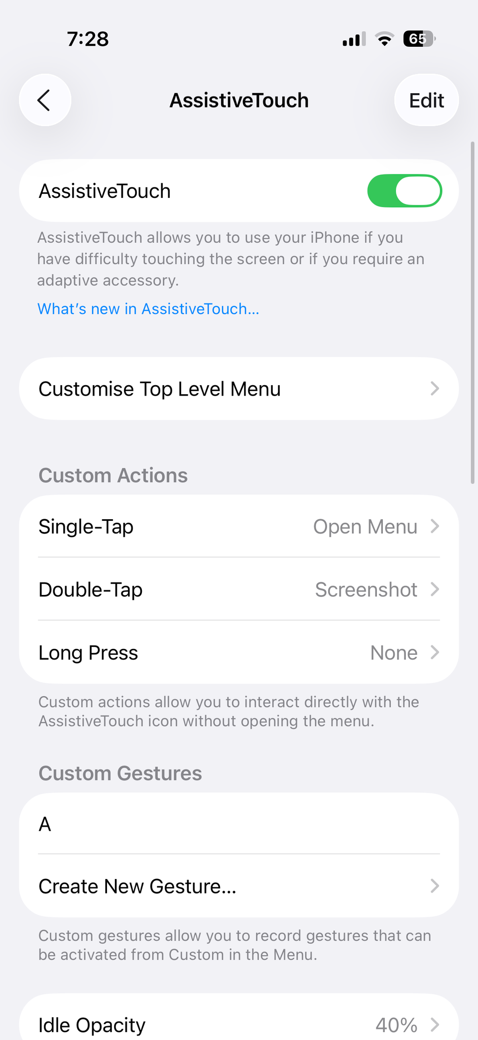 منوی تنظیمات AssistiveTouch در آیفون