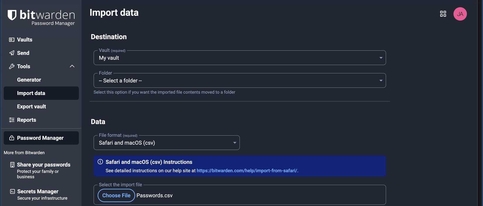 صفحه داده واردات Bitwarden