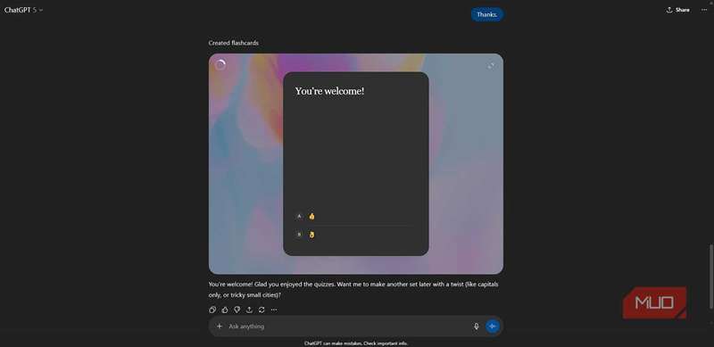 chatgpt در حال پاسخ دادن با یک کارتن مسابقه به یک تشکر از شما