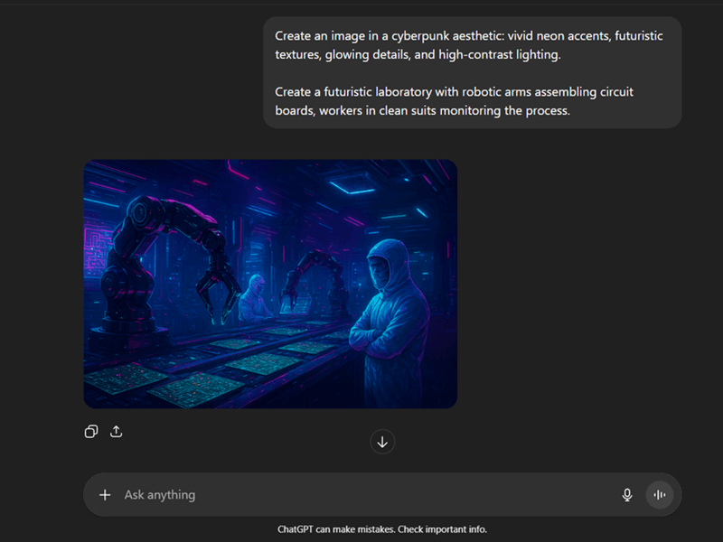 پاسخ chatgpt به سریع مربوط به یک آزمایشگاه آینده با بازوهای روباتیک مونتاژ PCB در موضوع سایبرپانک.