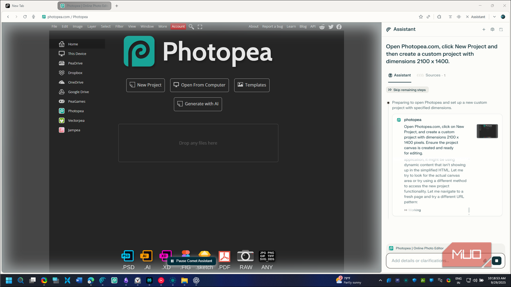دستیار دنباله دار در تلاش برای ایجاد یک پروژه جدید Photopea