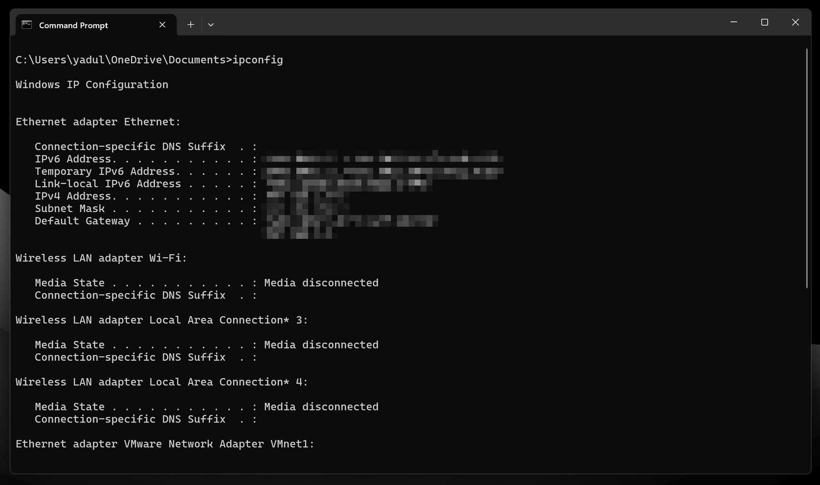 خروجی فرمان IPConfig در سریع فرمان Windows.