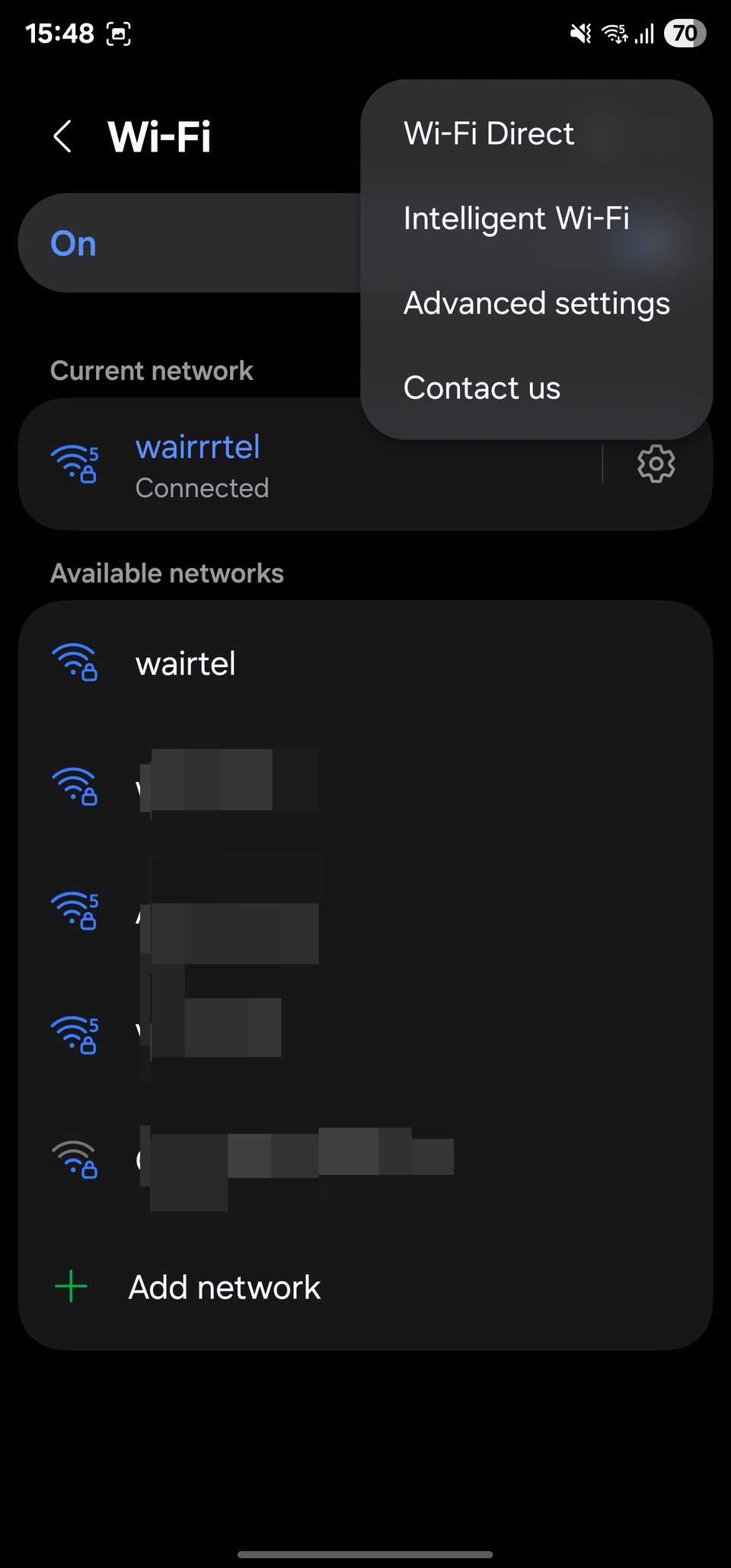 صفحه تنظیمات Wi-Fi در تلفن کهکشان.