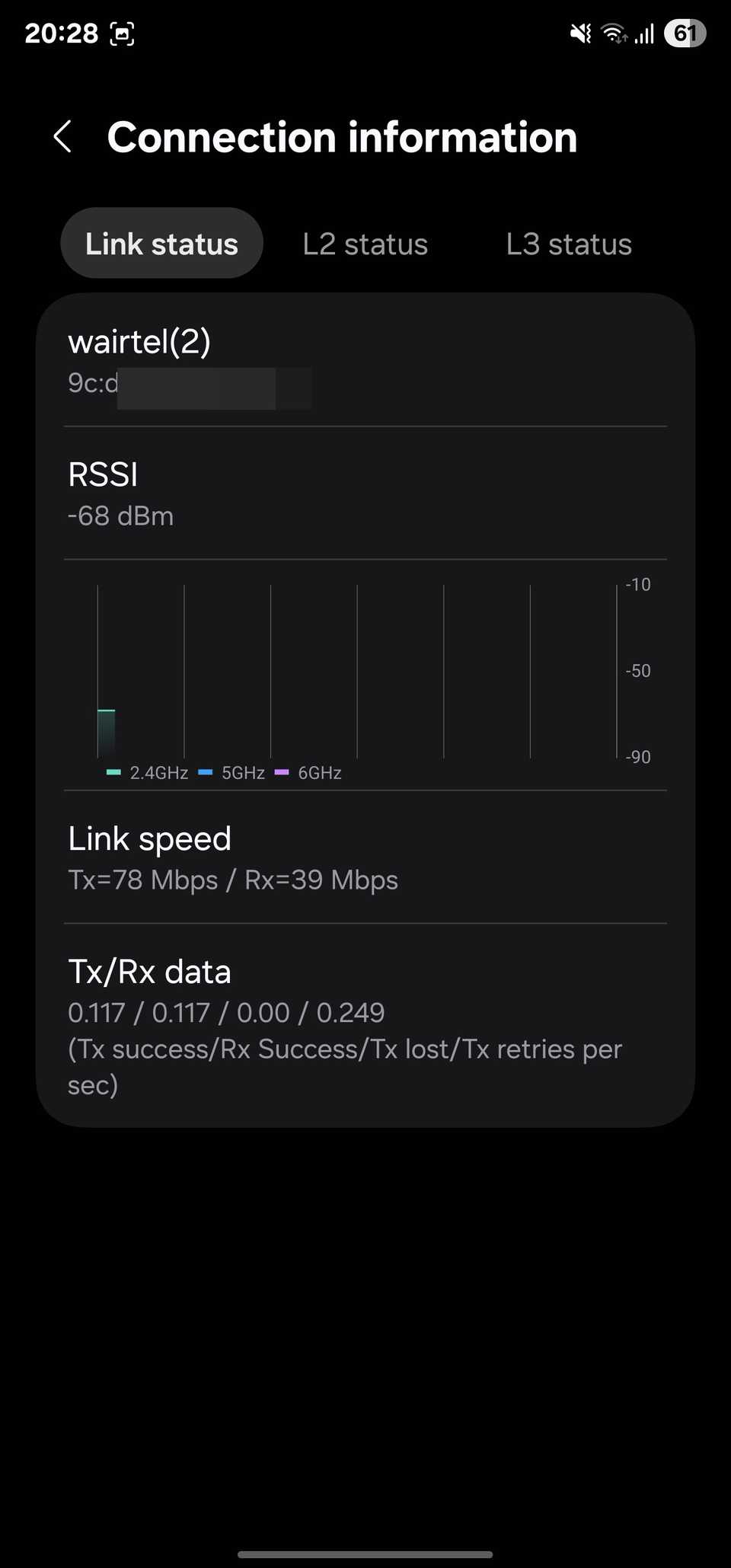 اطلاعات اتصال به نمایش اطلاعات شبکه برای Wi-Fi فعال.