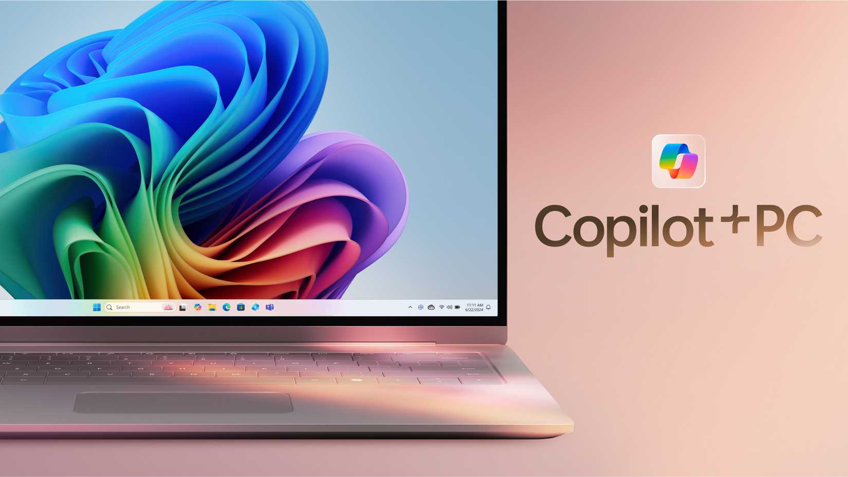 تصویری از یک Copilot+ PC با محافظ صفحه نمایش رنگارنگ از مایکروسافت
